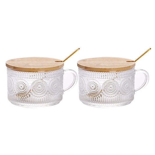 2PCS Vintage Embossed Coffee Mugs With Lid And Spoon For Tea Milk -Sunflower