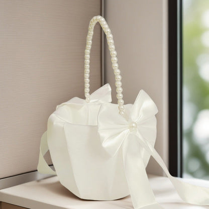 Wedding Flower Girl Basket ¨C Pearl Handle with Bowknot Satin Ribbon