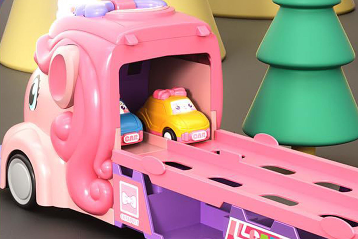 Car Toys Unicorn Toys Truck with Foldable Race Track and 6 Princess Cars for Girls