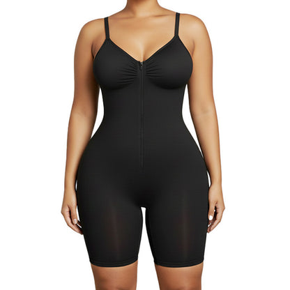 Shaping Bodysuit with Front Zipper Hook and Adjustable Straps - Black