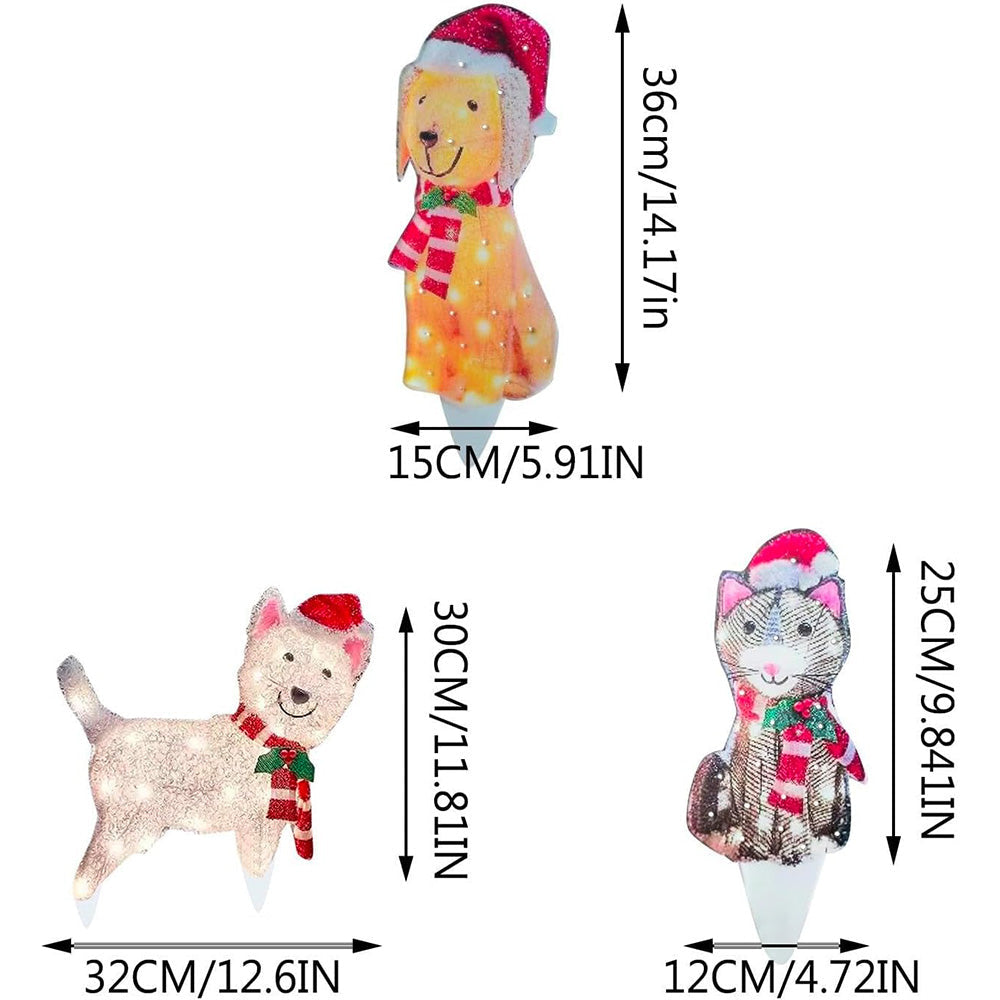 3Pcs Animal Christmas Decoration with Light String Dogs and Cat Xmas Outside Holiday Decor
