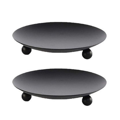 2Pcs Black Iron Plate Candle Holder Decorative Iron Pillar Candle Plate Candle Stand