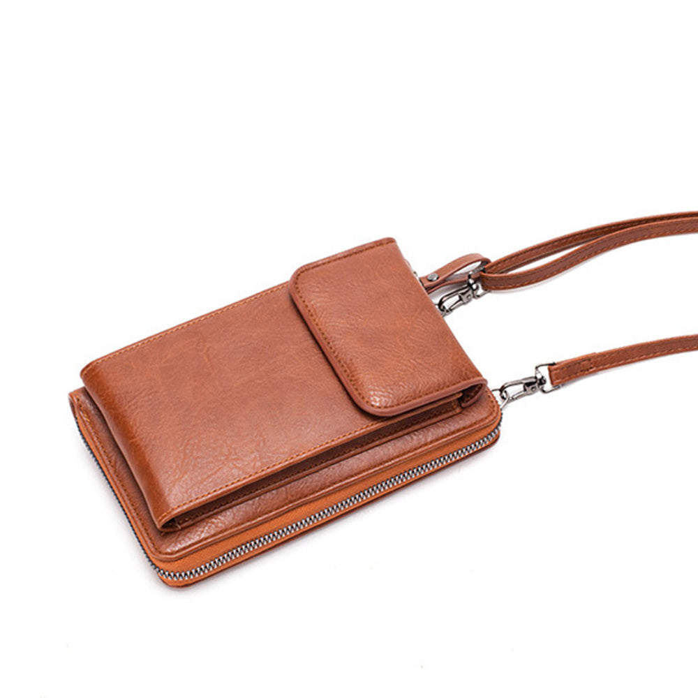 PU Leather Women Pouch Bag Mobile Phone Bag Crossbody Purse Wallet Shoulder Bag-Brown