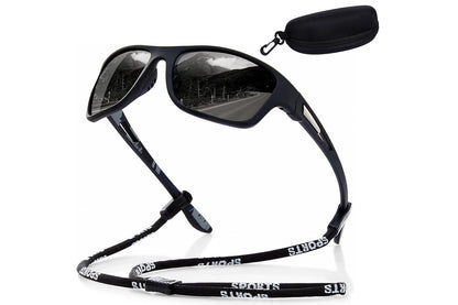 Men Sunglasses Polarized Glasses Fishing Wrap Around Eyewear with Strap and Zippered Case-Black