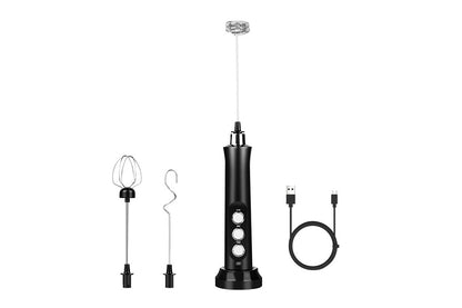 Milk Frother Handheld USB Rechargeable Milk Foam Maker With 3 Stainless Whisks-Black