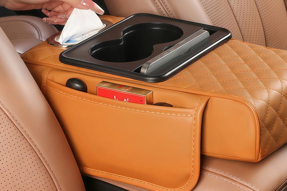 Car Armrest Cushion Organizer with Cup Holder Center Console Booster Pad-Brown