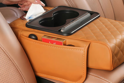 Car Armrest Cushion Organizer with Cup Holder Center Console Booster Pad-Brown