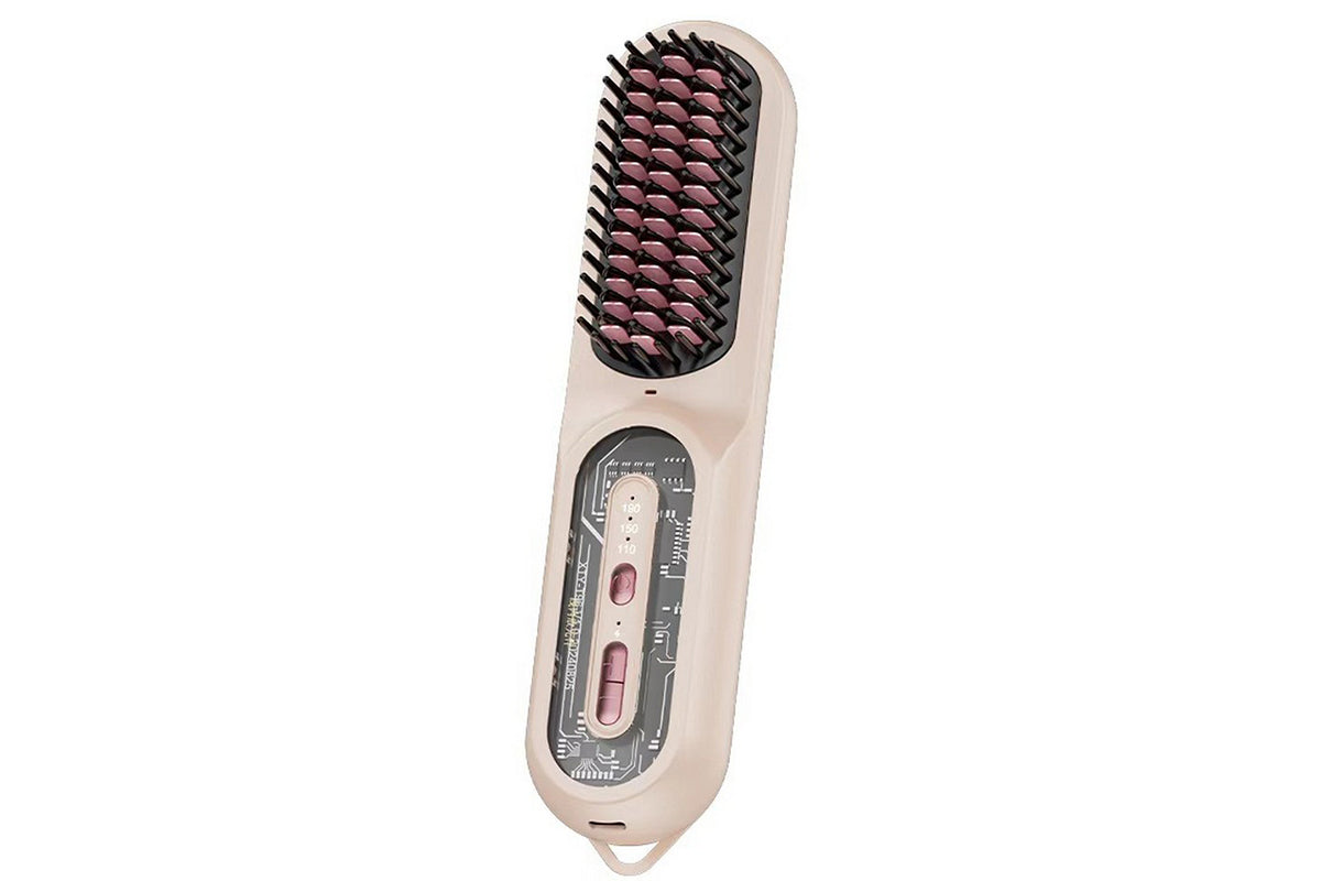 2-in-1 Ionic Hair Straightener Brush with Anti-Scald Ceramic Straightening Brush -Sakura Pink