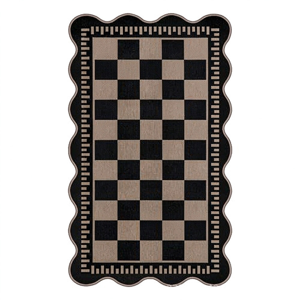 Polyester Floor Mat with Scalloped Edge Checkered Doormat for Entryway 60x160cm