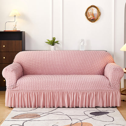 Seersucker Couch Cover with Ruffle Hemline Stretch Sofa Cover -Pink