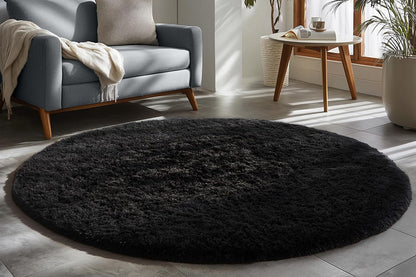 Fluffy Round Plush Area Rug Non Slip Carpet - Black
