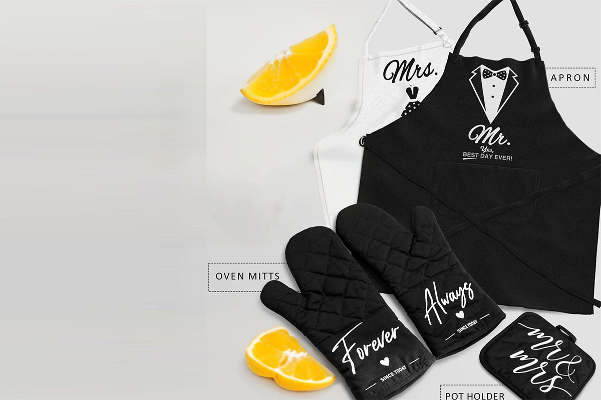 Mr and Mrs Aprons for Couple Gift Bridal Shower with Oven Glove and Pot Holder
