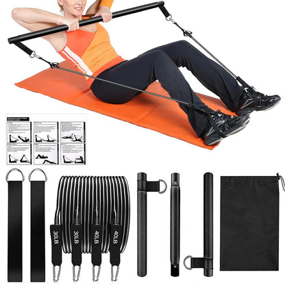 Multifunctional Pilates Bar Kit with Resistance Bands Portable Home Gym Core Strength Training Exercise Accessories Black