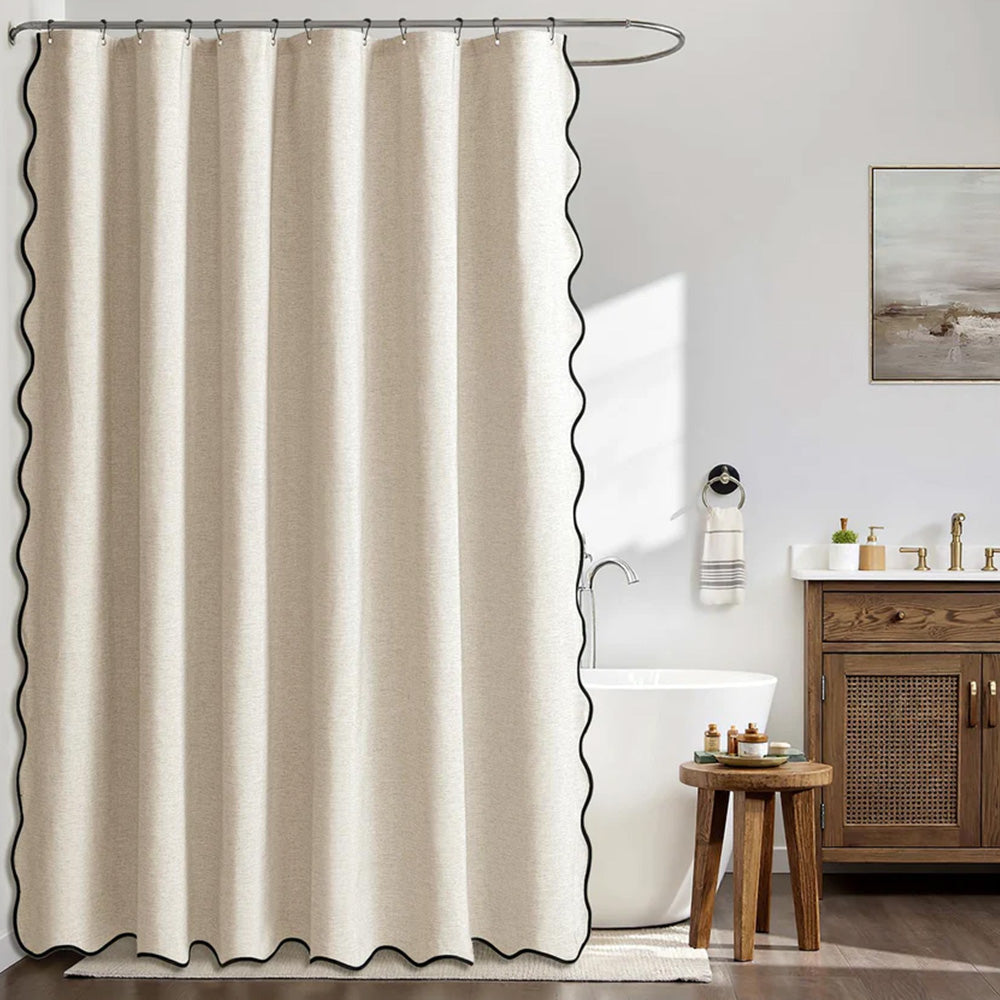 Waterproof Shower Curtain Thick Boho Wavy Edge With Rustproof Hooks-Beige