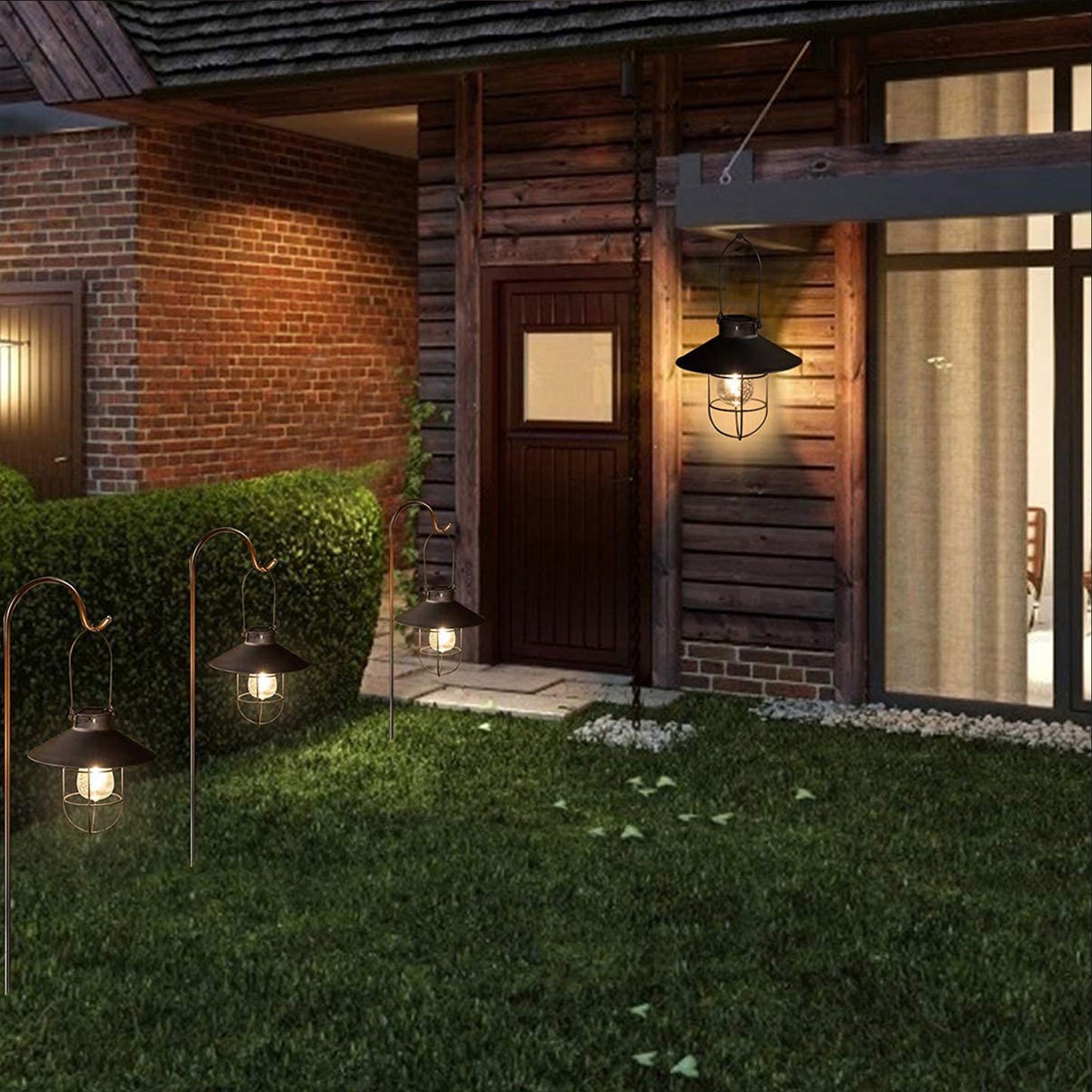 Solar Lantern Outdoor Hanging Light with Shepherd Hook Retro Stake Lights -Brown