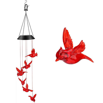 Solar Powered LED Cardinal Bird Wind Chime Color-Changing Light Yard Decor