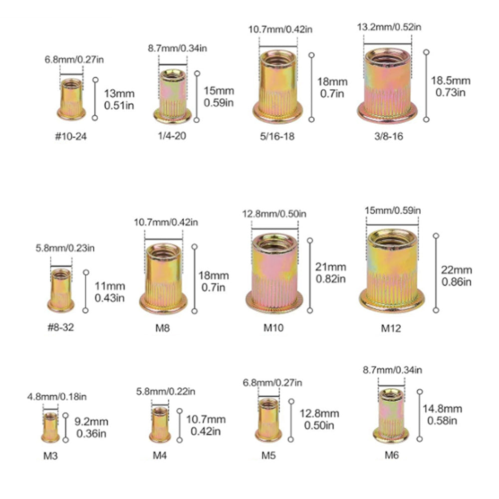 230Pcs Set Rivet Nuts Assortments Carbon Steel UNC Nutserts Rivnut Flat Head Insert Nut Assort