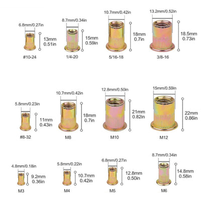 230Pcs Set Rivet Nuts Assortments Carbon Steel UNC Nutserts Rivnut Flat Head Insert Nut Assort