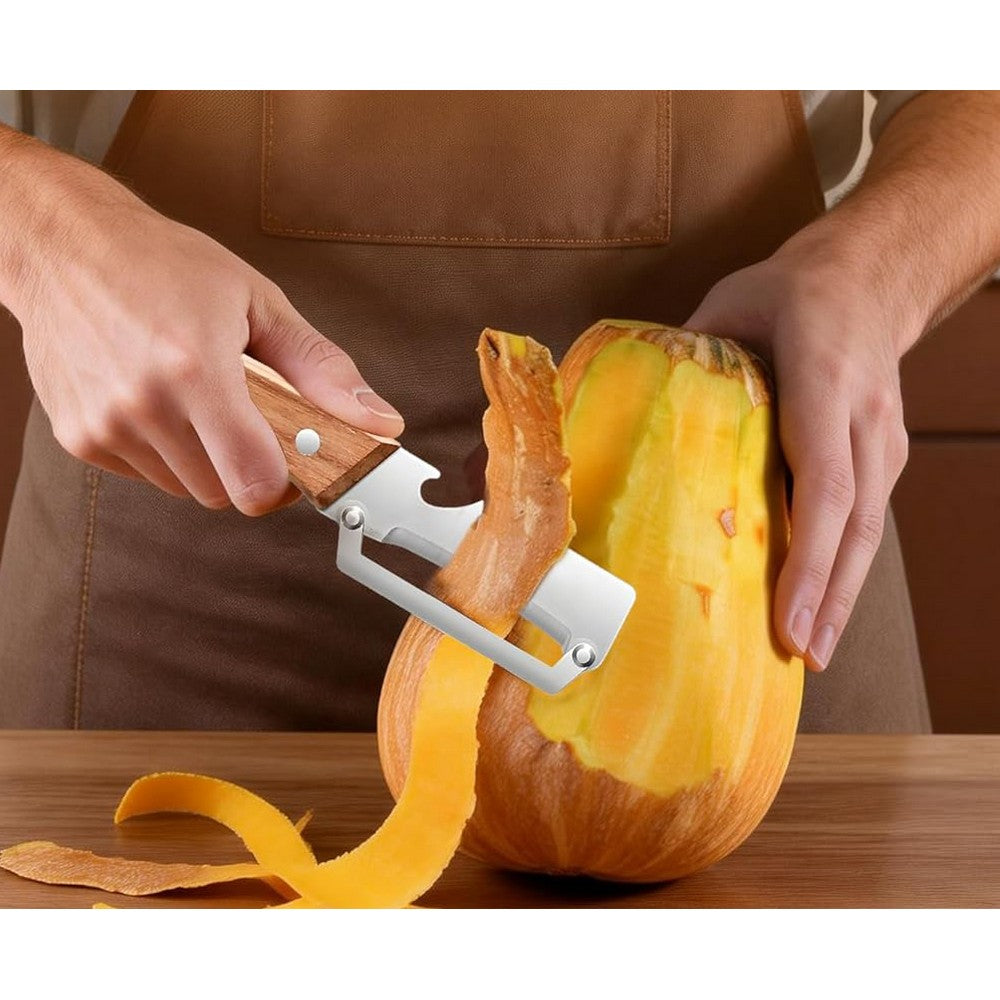 2-in-1 Vegetable Peeler with Wooden Handle Bottle Opener Stainless Steel Blade