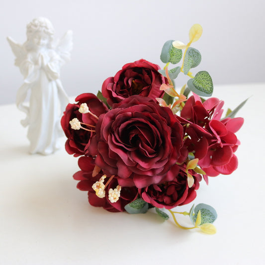 Artificial Peony Flowers Faux Flowers Satin Silk Rose Lilies Bouquet Vintage Home Decor-Red