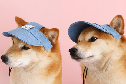 Denim Dog Hat Sun Visor Baseball With Ear Holes Chin Strap Outdoor Pet Sun Hat
