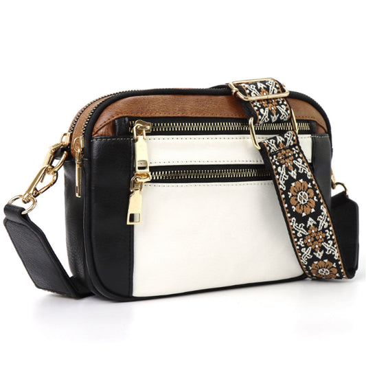 Color-Block Small Crossbody Bags for Women PU Leather Shoulder Handbag Purse with Adjustable Wide Strap Black