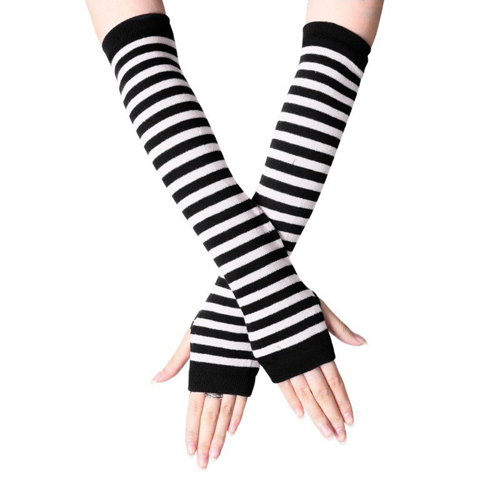 3 Pairs Women Fingerless Arm Warmers Striped Knit Winter Gloves