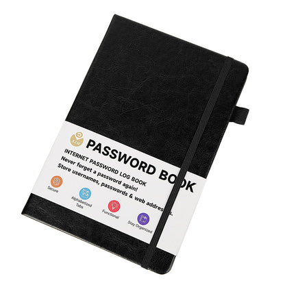 Password Keeper Book with A to Z Alphabet Tabs and Elastic Closure - Black