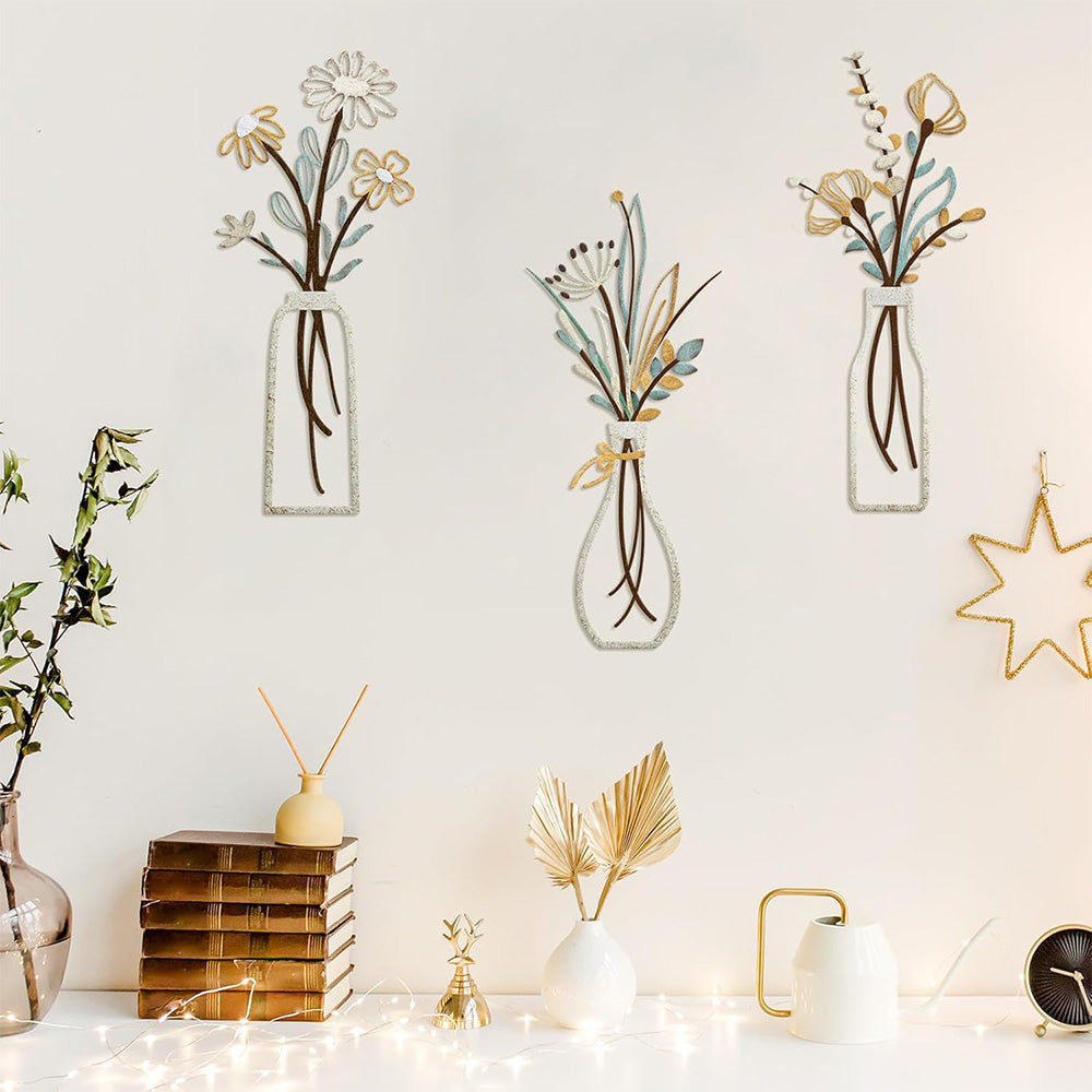 3Pcs Set Metal Flowers Wall Arts Minimalist Wall-Mount Flower Decors for Home Office Colorful