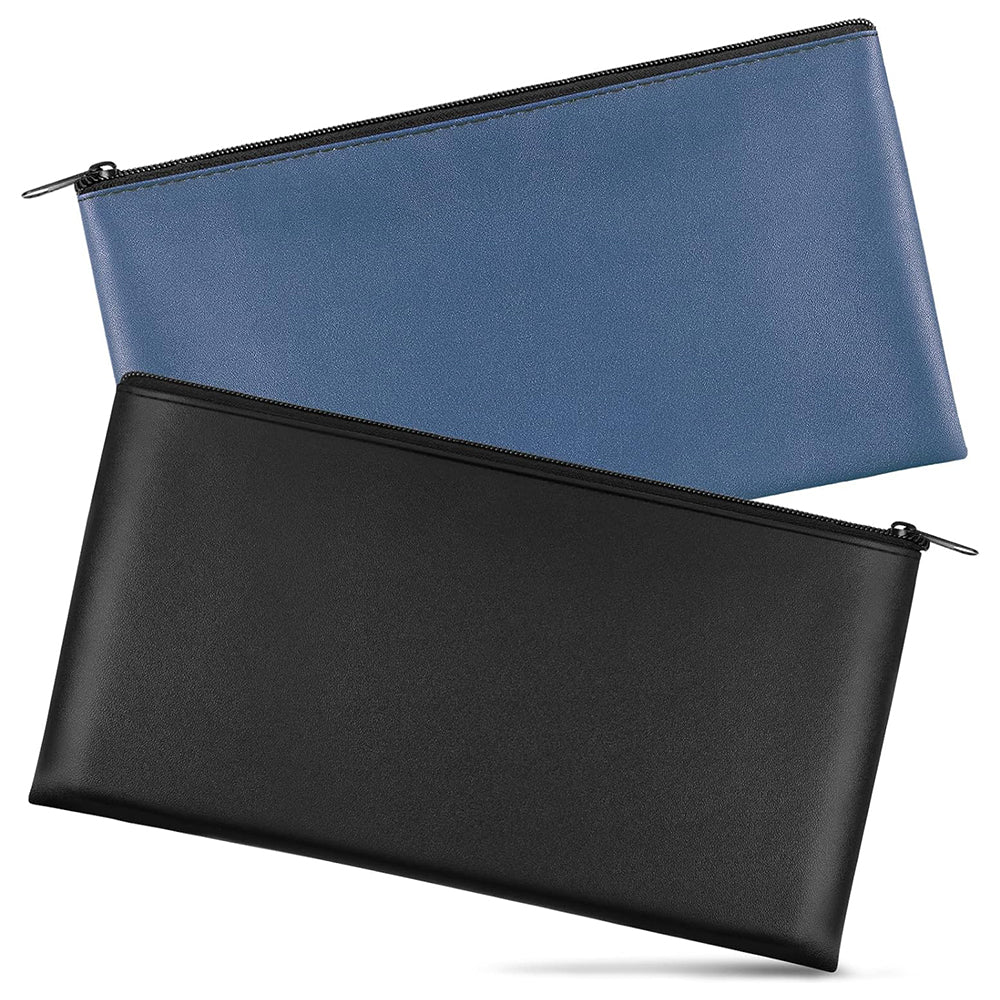 2Pcs PU Leather Storage Bag with Zipper Money Pouch Cash Storage Bag Black and Navy Blue