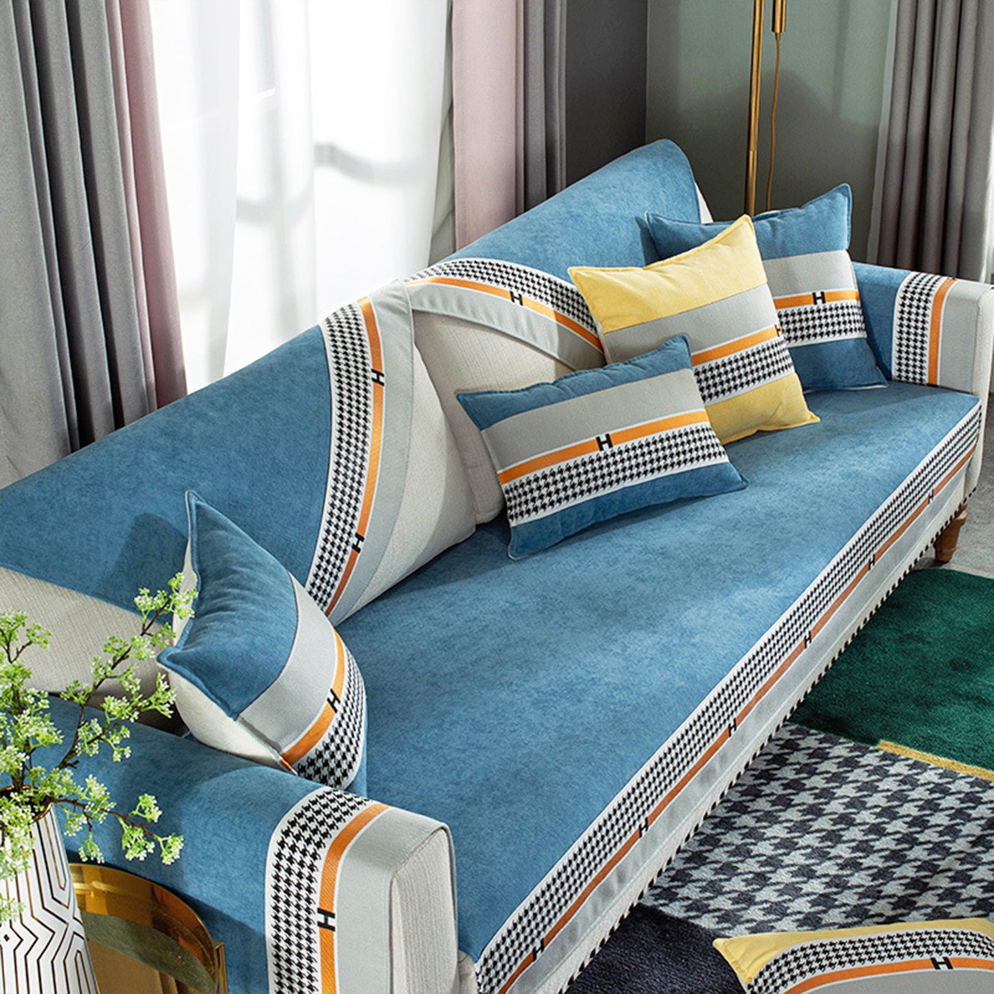 Plaid Couch Universal Furniture Protector Chenille Sectional Couch Covers -Blue