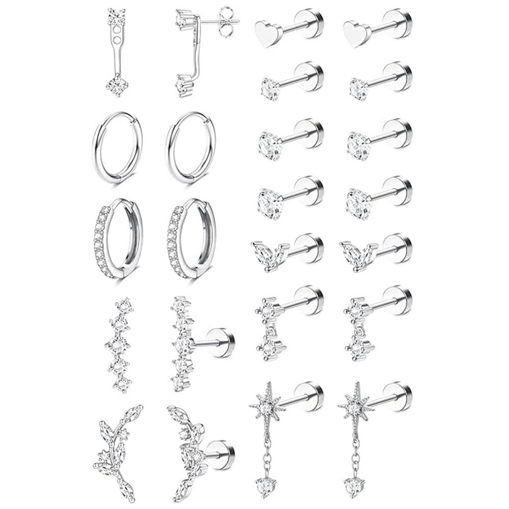 12 Pairs Women Earrings Studs and Hoops Set Fashion Cartilage Stackable Jewelry-Silver