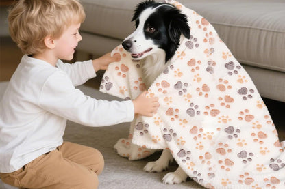 107x75cm Fluffy Fleece Dog Blanket Mat Paw Print Puppy Kitten Throw Blanket -White