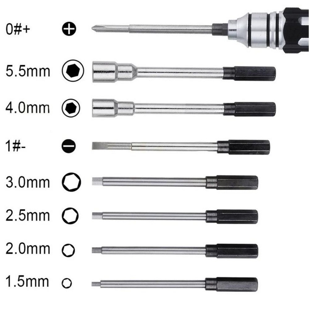 8-in-1 Hard Steel Tool Hex Nut Driver Set 1.5/2.0/2.5/3.0/0+ Flat/1-/4/5.5