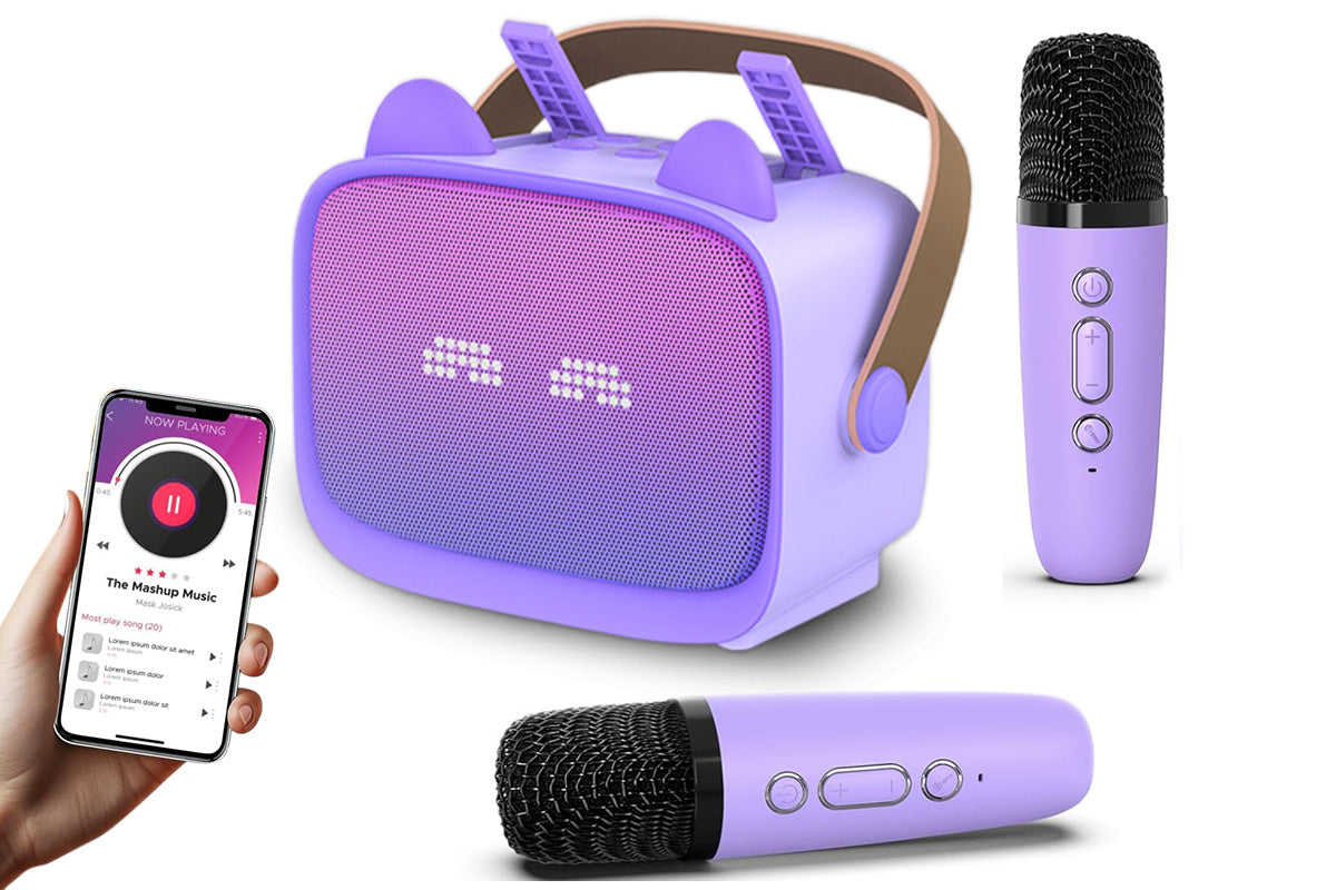 Karaoke Machine Toys Gifts Portable MP3 Player with 2 Wireless Microphone -Purple