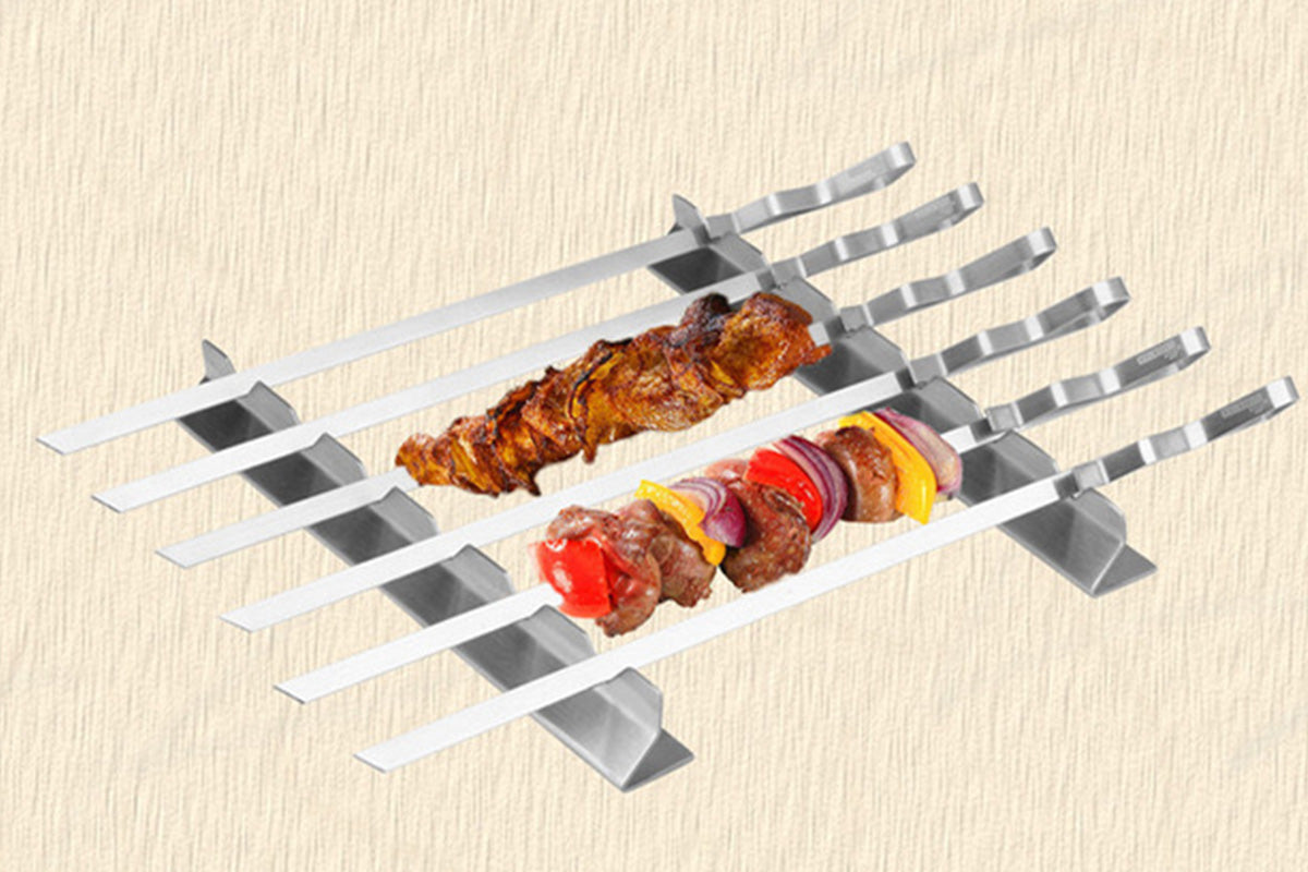2Sets of 6Pcs Stainless Steel BBQ Skewer Rack Set with 2Pcs Holders for Meat and Vegetables