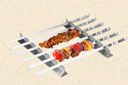 2Sets of 6Pcs Stainless Steel BBQ Skewer Rack Set with 2Pcs Holders for Meat and Vegetables