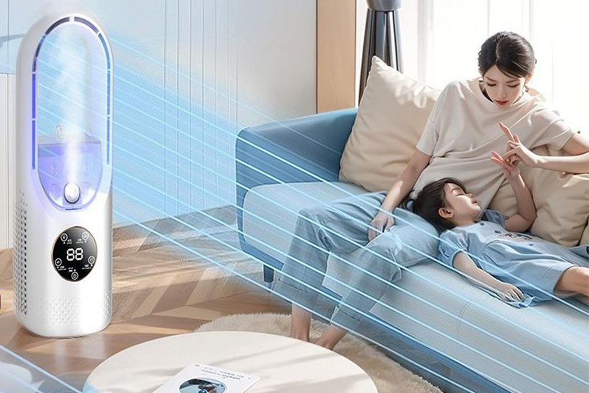 Desk Bladeless Fan with Humidifier USB-Powered Portable Air Conditioner Fan with LED Display-White