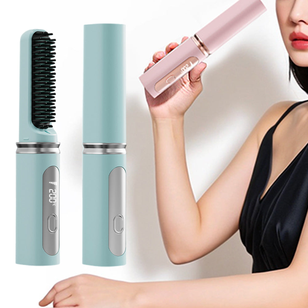 2-in-1 Wireless Hair Straightener Comb with Negative Ion for Home and Travel-Blue