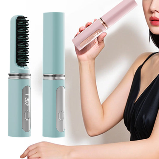 2-in-1 Wireless Hair Straightener Comb with Negative Ion for Home and Travel-Blue