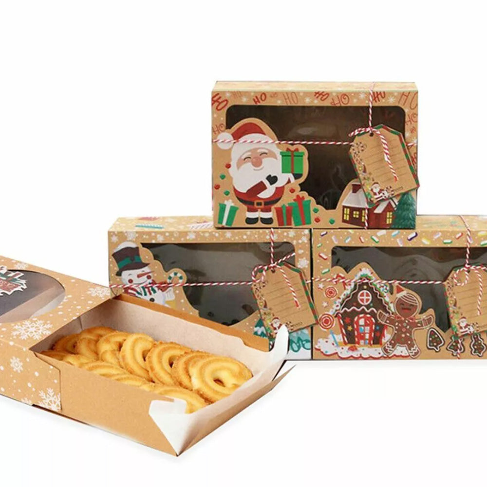 12Pcs Set Christmas Cookie Boxes with Clear Window Kraft Paper Candy Boxes