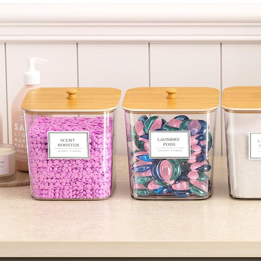 4Pcs Clear Laundry Storage Containers with Airtight Wooden Lids-Khaki