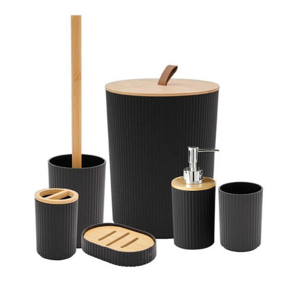 6 Pcs Bathroom Wash Set with Bamboo Lids and Plastic Body -Black
