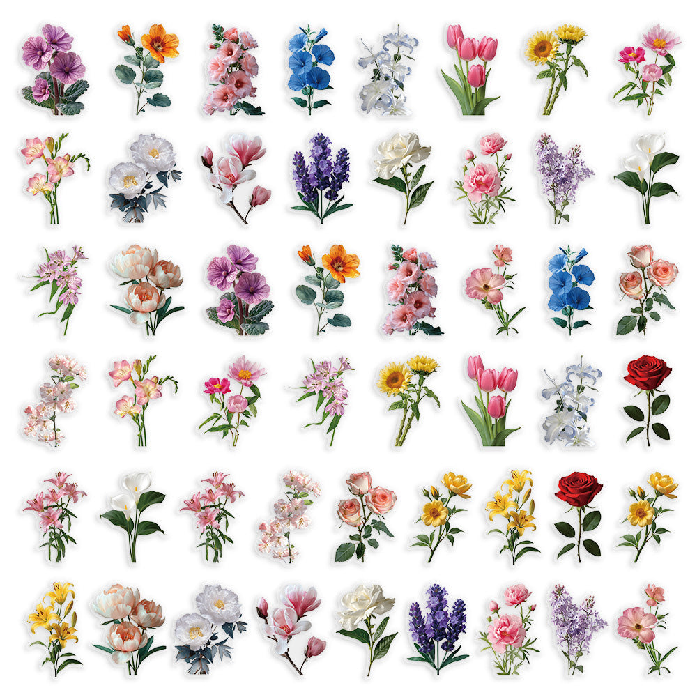 50 Pcs Floral Transparent PET Stickers DIY Decals for Phone Case Cup Laptop