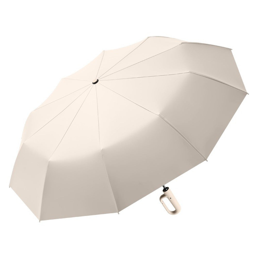 Automatic 10-Rib Folding Umbrella with Carabiner Handle UPF 40+ - Beige