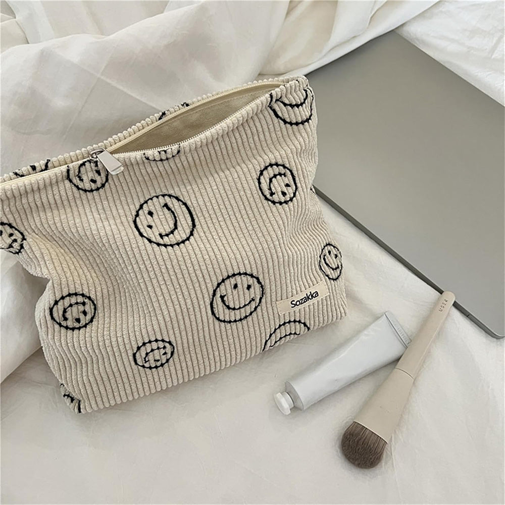 Corduroy Makeup Bag Cute Smile Dots Face Case Handbag with Zipper for Women Beige