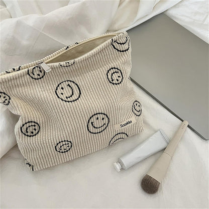 Corduroy Makeup Bag Cute Smile Dots Face Case Handbag with Zipper for Women Beige
