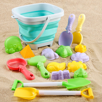 17 Piece Set Beach Toy Set with Foldable Sand Bucket- Green