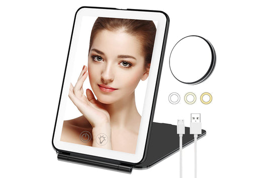 Touch Screen Makeup Mirror USB Rechargeable Cosmetic Mirror Portable Make Up Mirrors LED Mirror-Black
