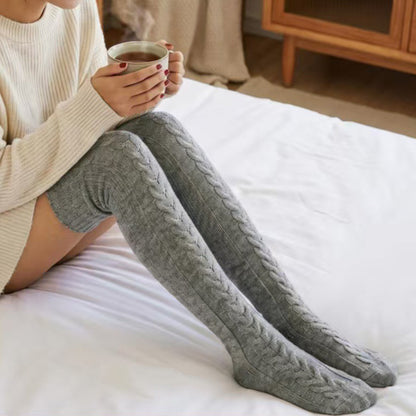 Women's Knitted Over Knee Socks Thick and Warm Long Stockings-Grey